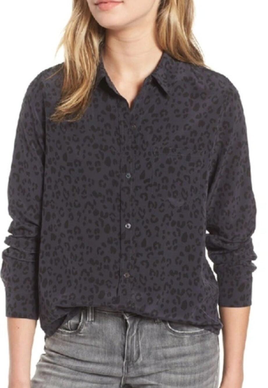 Rails Womens XL 100% Silk Kate Onyx Cheetah Button Down Shirt Gray Black